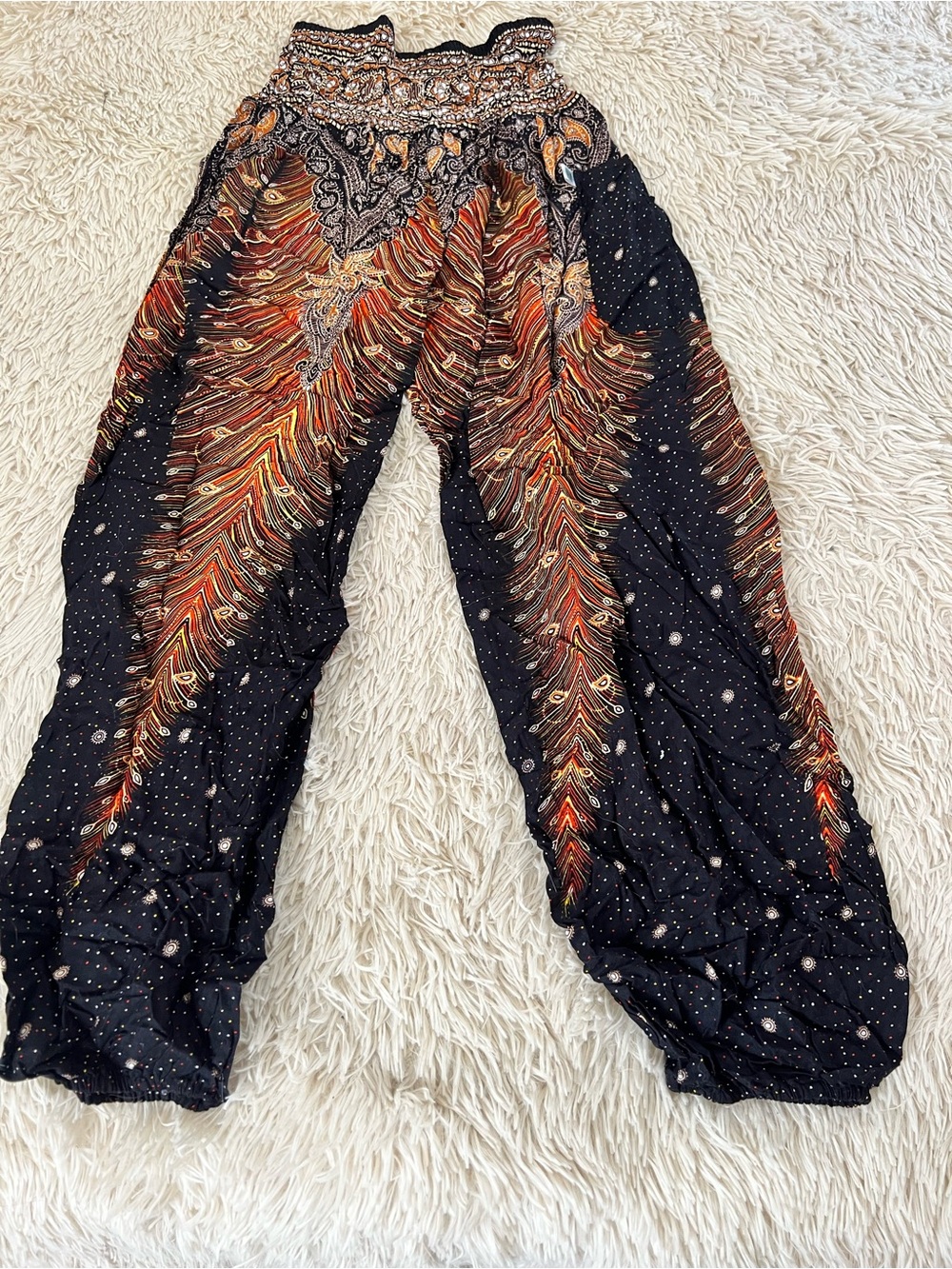 Bohemian Wide-Leg Harem Pants - Black with Rust & Gold Print